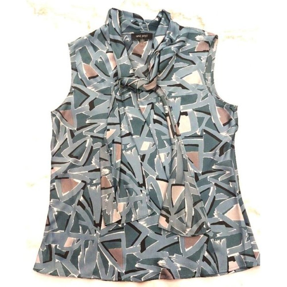NINE WEST WOMENS Green/Gray V-NECK SLEEVELESS‎ BLOUSE TIE at Neck SIZE Large